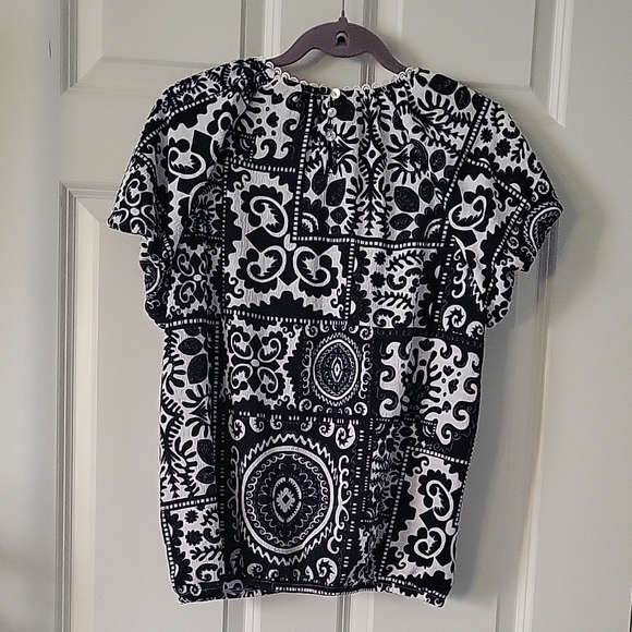 NWT Shol Los Angeles Black & White Boho Peasant Blouse Short Sleeve M - Picture 3 of 11